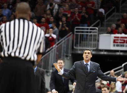 Villanova head coach Jay Wright is upset after a call as the Louisville men&#039;s basketball team took on Villanova at the KFC Yum! Center Wednesday January 25, 2012. Louisville won the game 84-74. Photo by Jeff Sainlar