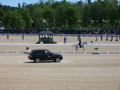 Michael Pollard of the United States rides Icarus to a score of 46.7 during the second day of dressage competition.