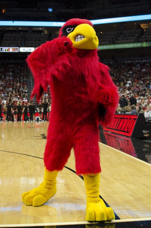 The Louisville mascot pumps up the crowd before the game against the University of Pikeville last night in the KFC Yum! Center in Louisville, Ky.