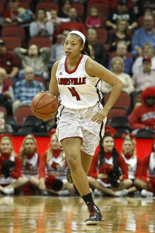 Louisville Guard Antonita Slaughter (4) drives the ball down the court