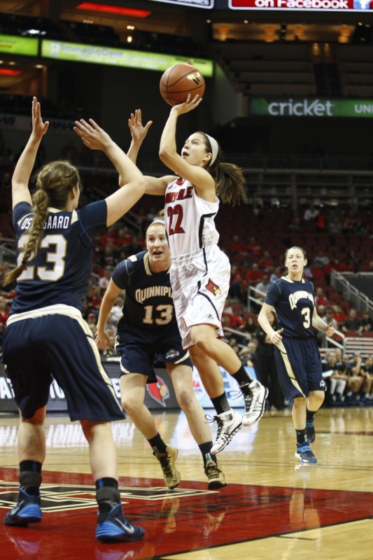 Louisville Guard Jude Schimmel attempts a jump shot in the second half against Quinnipiac