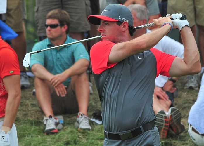 Rory McIlroy hits from fareway on the tenth day one of qualifing rounds for the 96th PGA Championship at Valhalla Golf Club