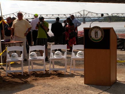 Ceremonial helmets were placed upon each featured speaker&#039;s chair prior to the start of the groundbreaking.