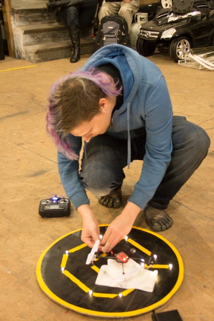 Joe Pugh sets up for battle with a copter modified with hanging threads from spools