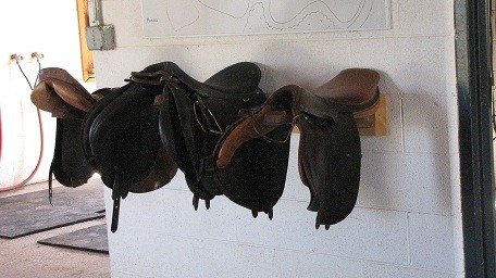 Saddles sit at the ready for Deb Fabiani&#039;s saddle fitting clinic at the Makers Mark Secretariat Center.