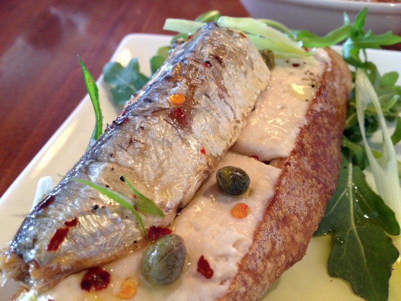 Sardine Tartine with Sage, Northern Bean Puree, Capers, Scallions, and Chiles