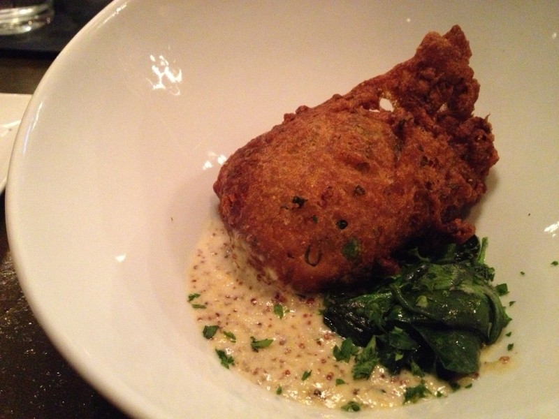 rabbit fritter, mustard soubise, spinach