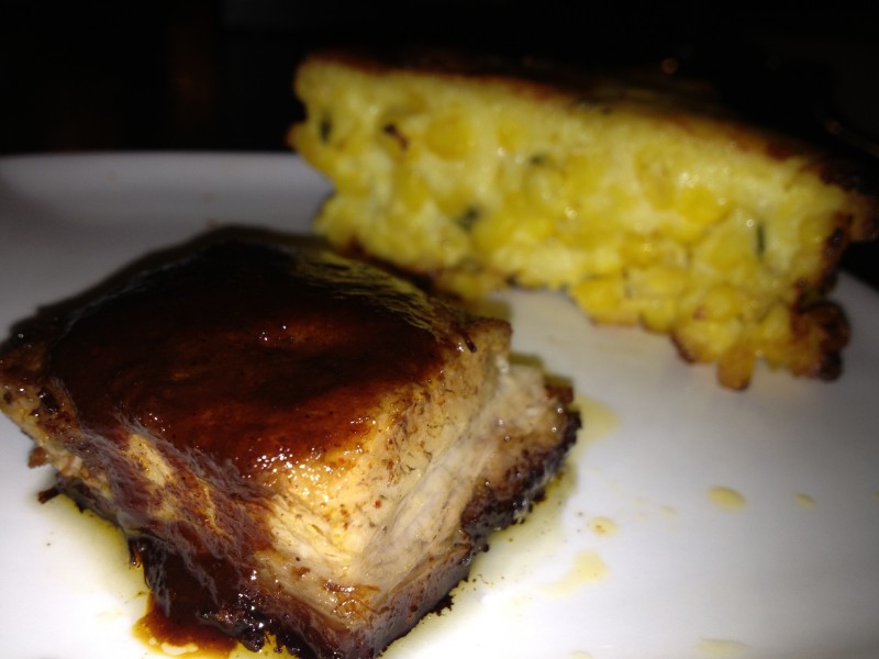 Berkshire pork belly, corn chevre pudding