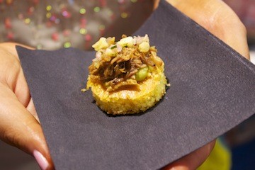 green chili cornbread, avocado lime puree, pulled pork carnitas and pickled corn salsa, Napa River Grill