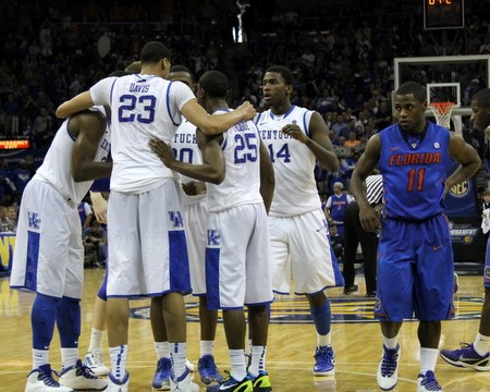 The team gather for one final word.