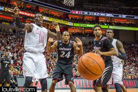 Neither Gorgui Dieng (10), Kelvin Gaines (24), JaQuon Parker (44) nor Montrezl Harrell wanted to take credit for knocking the ball out of bounds.