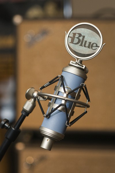 Blue Microphones&#039; Bluebird in a birdnest with Fender amps in the background in the live recording room, Thursday, July 26, 2012, at Liquid Sound Studios in Greenville, Ind. (Photo by Brian Bohannon)