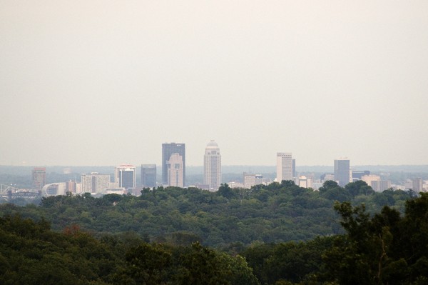 A view of downtown Louisville through the hills above Corydon Pike at Stone Mountain Chalets, Thursday, July 26, 2012, at Liquid Sound Studios on Corydon Pike in New Albany, Ind. (Photo by Brian Bohannon)