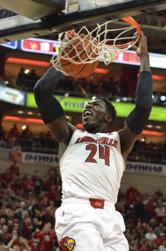 Montrezl Harrell dunks the ball in the first half of the game against Cornell