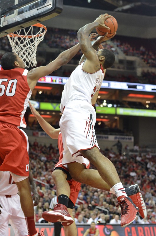 Chane Behanan goes up for a rebound in tonight&#039;s game against Cornell. Behanan was second in rebounds tonight with 12