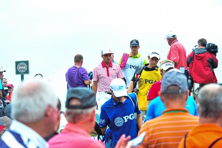 Rickie Fowler making his way down to the 8th tee during the second round of the 96th PGA Championship at Valhalla Golf Club on August 8, 2014 in Louisville, Kentucky