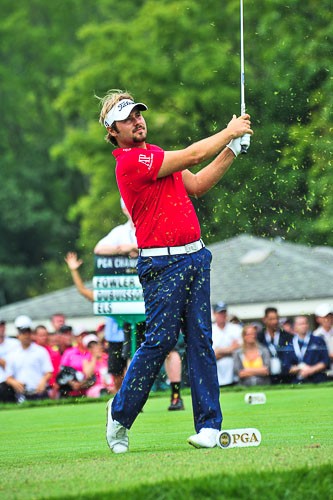 Victor Dubuisson teeing of at the 8th tee during the second round of the 96th PGA Championship at Valhalla Golf Club on August 8, 2014 in Louisville, Kentucky.