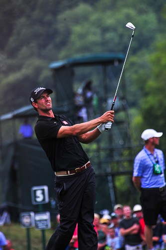 Adam Scott teeing off at hole 8 during the second round of the 96th PGA Championship at Valhalla Golf Club on August 8, 2014 in Louisville, Kentucky.