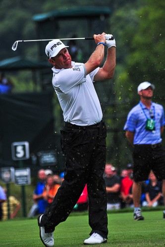 Lee Westwood teeing off at hole 8 during the second round of the 96th PGA Championship at Valhalla Golf Club on August 8, 2014 in Louisville, Kentucky.