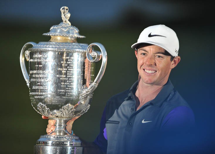 Rory McIlroy holding Wanamaker Trophy after winning the 2014 PGA Championship, at Valhalla Golf Club, on August 10, 2014 in Louisville, KY