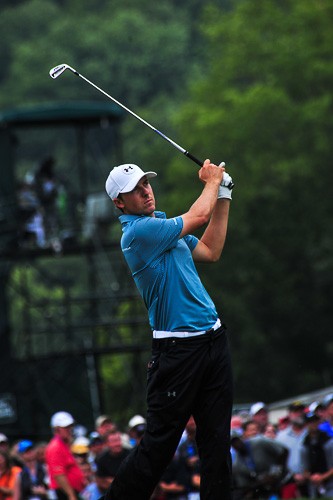 Jordan Spieth teeing off at hole 8 during the second round of the 96th PGA Championship at Valhalla Golf Club on August 8, 2014 in Louisville, Kentucky.