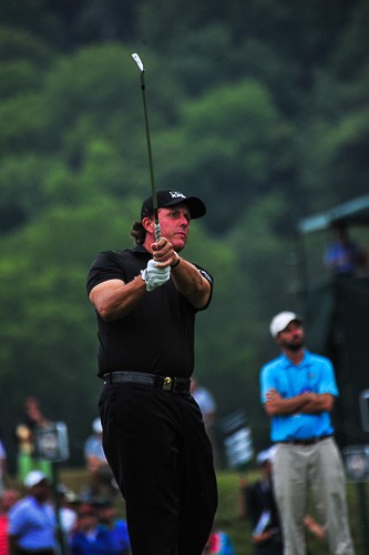 Phil Mickelson teeing off from the 8th hole during the second round of the 96th PGA Championship at Valhalla Golf Club on August 8, 2014 in Louisville, Kentucky..