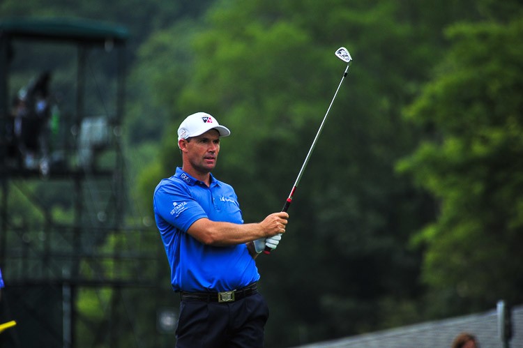 Padraig Herrington hitting his tee shot form the 8th hole during the second round of the 96th PGA Championship at Valhalla Golf Club on August 8, 2014 in Louisville, Kentucky .