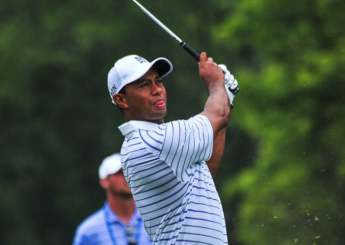 Tiger Woods hitting from the 8th tee box second round of the 96th PGA Championship at Valhalla Golf Club on August 8, 2014 in Louisville, Kentucky.